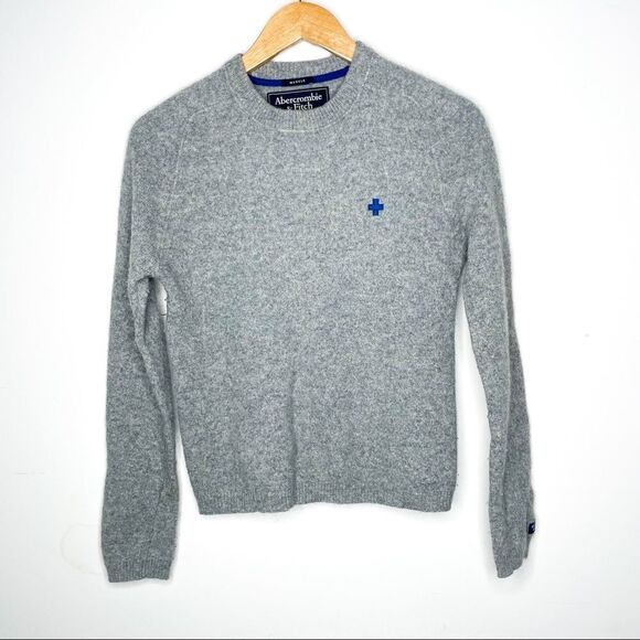 Abercrombie & Fitch Vintage Grey Lambswool Blend Knit Crew Neck Cross Sweater - Picture 1 of 5